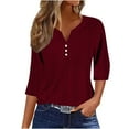 thumbnail image 1 of IROINNID Women's 3/4 Sleeve V-Neck Loose Tops Casual Solid Color Tunic Blouses Spring Summer Clothes (Wine,), 1 of 4
