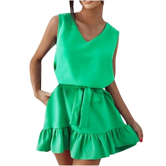 IROINNID Women's A-Line Dress Fashion Summer Summer Solid Color Ruffles Sleeveless Dress(Belt Included) V-Neck Comfort Waist Dress