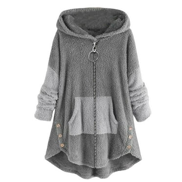 IROINNID Women's Anorak Coat Long Sleeve Solid Color Hoodie Outwear, Casual Cozy Color Block Fleece Fuzzy Asymmetrical Hem Pockets Teddy Bear Coat
