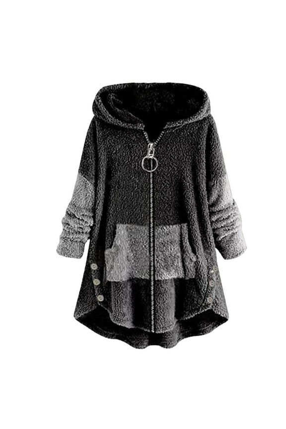 Women's Anorak Coat Long Sleeve Solid Color Hoodie Outwear, Casual Cozy Color Block Fleece Fuzzy Asymmetrical Hem Pockets Teddy Bear Coat