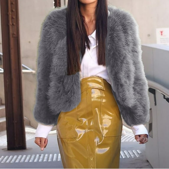 IROINNID Women's Autumn And Winter Warm Short Coat Solid Color Open Front Long Sleeve Outwear, Gray