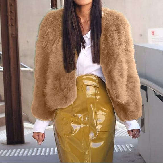 IROINNID Women's Autumn And Winter Warm Short Coat Solid Color Open Front Long Sleeve Outwear, Khaki