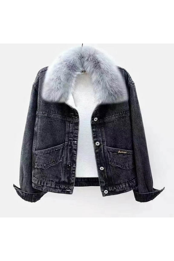 Women's Autumn And Winter Warm Short Jacket Peter Pan Collar Solid Color Denim Jacket Long Sleeve Outwear, Black