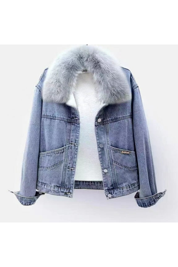 Women's Autumn And Winter Warm Short Jacket Peter Pan Collar Solid Color Denim Jacket Long Sleeve Outwear, Blue