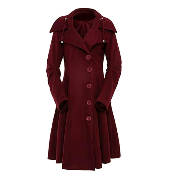 IROINNID Women's Autumn Warm Long Coat Peak Lapel Solid Color Swing Trench coat Long Sleeve Outwear, Wine