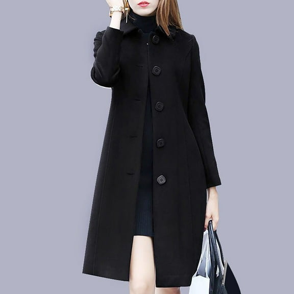 IROINNID Women's Autumn Warm Mid-Long Coat Peter Pan Collar Solid Color Trench coat Long Sleeve Outwear, Black