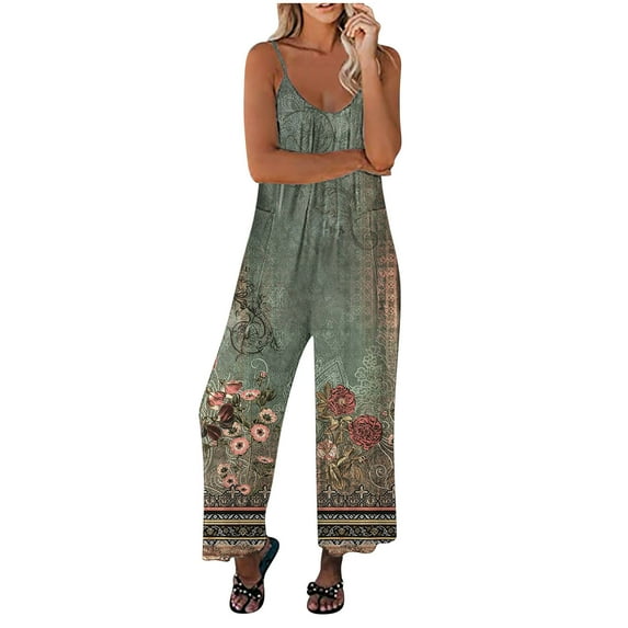 IROINNID Women's Baggy Loose Linen Overalls Jumpsuit Oversized Printed Casual Sleeveless Rompers with Pockets