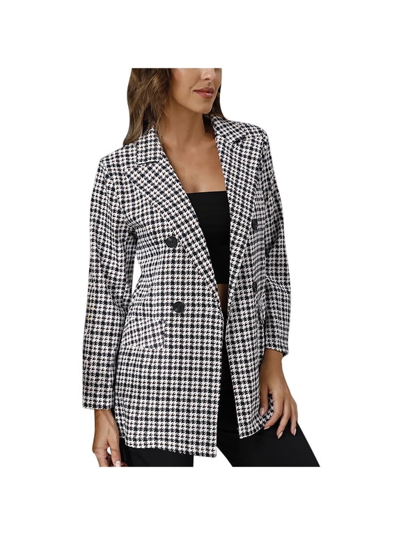 Women's Blazer Jacket Long Sleeve Houndstooth Peak Lapel Outwear, Loose Spring Swing Bird Check Lapel Two-Breasted Jacket
