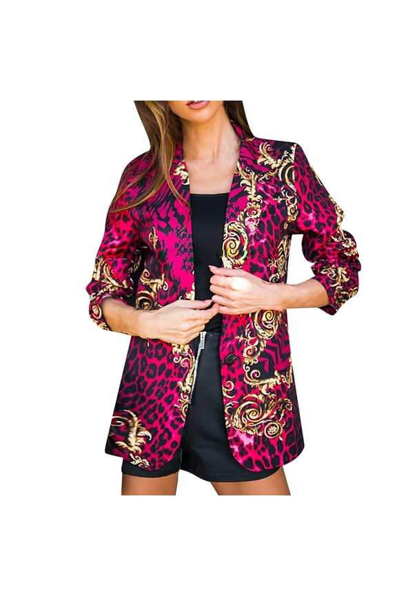 Women's Blazer Jacket Long Sleeve Print Notch Lapel Outwear, Leisure Business Attire Leopard Button Slimming Cardigan Jacket