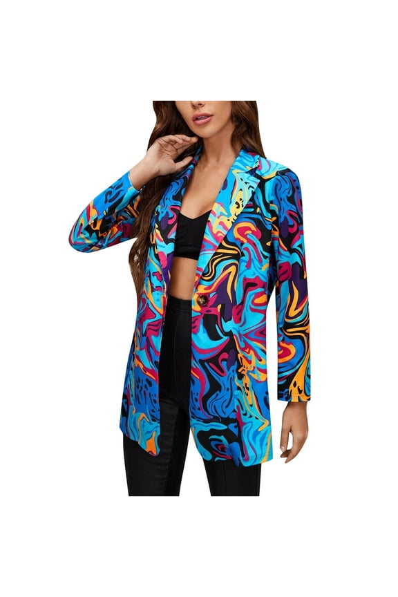 Women's Blazer Jacket Notch Lapel Print Long Sleeve Casual Non Positioning Casual Small Suit Jacket, Blue