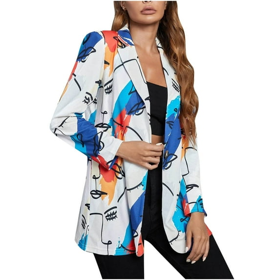 IROINNID Women's Blazer Jacket Notch Lapel Print Long Sleeve Casual Non Positioning Casual Small Suit Jacket, White