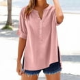 thumbnail image 1 of IROINNID Women's Button-Down V-Neck Pullover Imitation Cotton Linen Blouse Slit Hem Loose Fits Summer Work Clothes(Pink#1,3XL), 1 of 6