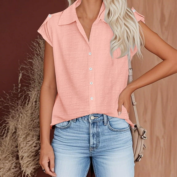 IROINNID Women's Button Short Sleeve Solar Shirt Summer Solid Blouse Fashionable Beach Cover-Up Breathable Tunic Tops(Pink,L)