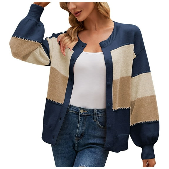 IROINNID Women's Cardigan Jacket Round Neck Stripes Long Sleeve Casual Round- Neck Stripe Fashion Recreational Cardigan Tops, Blue