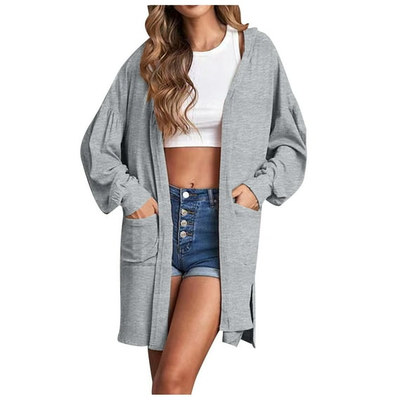 IROINNID Women's Cardigan Jacket Solid Color Long Sleeve Casual Long Pocket Hood Lantern Sleeve Cardigan, Gray
