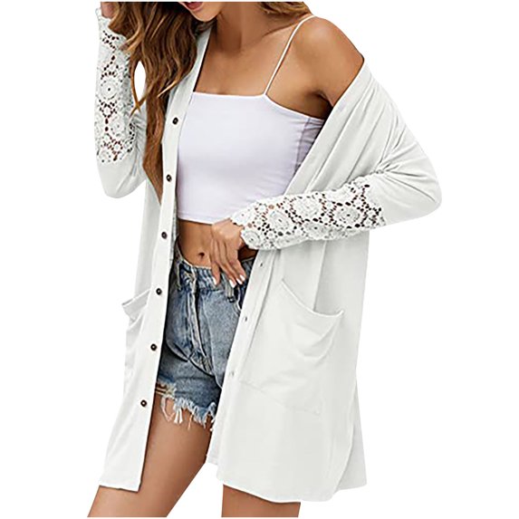 IROINNID Women's Cardigan Open Front Coat Solid Color Long Sleeve Loose Autumn Winter Lace Splicing s Medium And Long Cardigan Tops, White