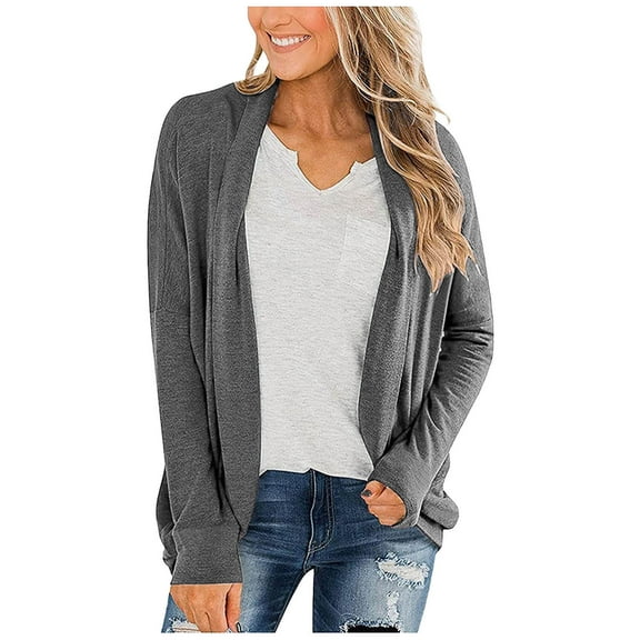 IROINNID Women's Cardigan Open Front Jacket Solid Color Long Sleeve Casual Ladies Cardigan Coat Outerwear, Gray