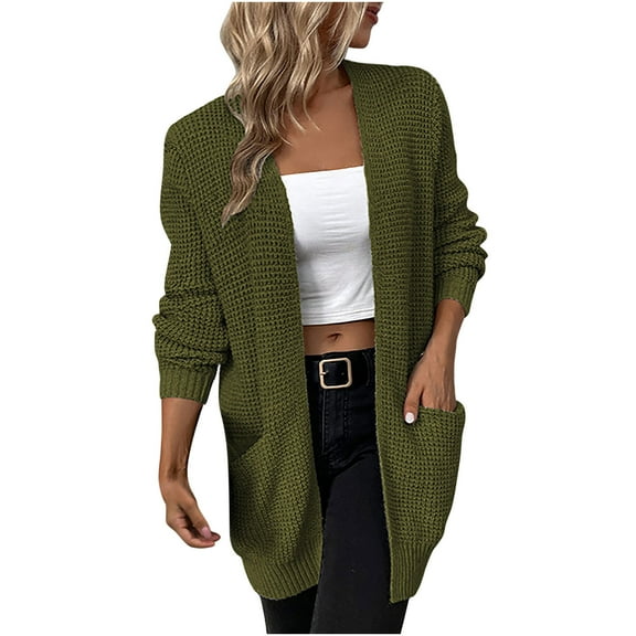 IROINNID Women's Cardigan Open Front Jacket Solid Color Long Sleeve Casual Pocket Knit Cardigan Sweater Coat Outerwear, Army Green