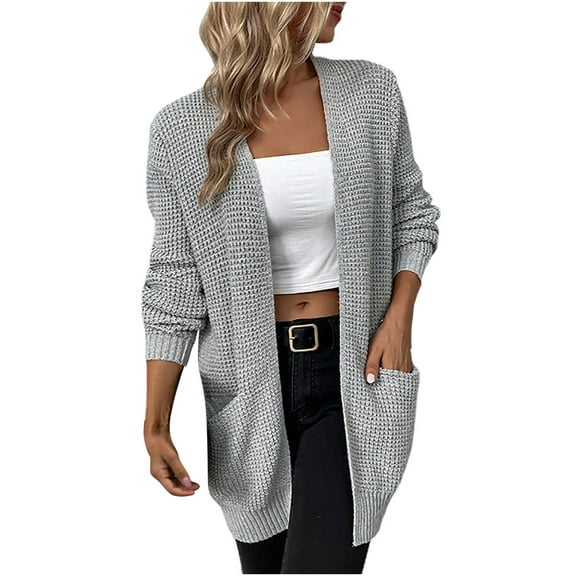 IROINNID Women's Cardigan Open Front Jacket Solid Color Long Sleeve Casual Pocket Knit Cardigan Sweater Coat Outerwear, Gray