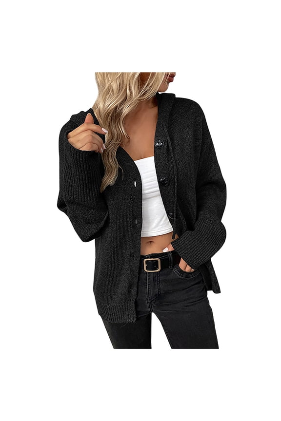 Women's Cardigan Open Front Jacket Solid Color Long Sleeve Leisure Loose Dark Color Rope Knitting Cardigan Jacket, Black