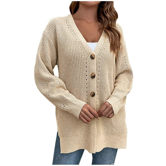 IROINNID Women's Cardigan Open Front Jacket Solid Color Long Sleeve Loose Loose Dark Color Hollow Out Cardigan Button Slit Sweater, Khaki