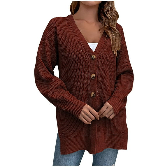 IROINNID Women's Cardigan Open Front Jacket Solid Color Long Sleeve Loose Loose Dark Color Hollow Out Cardigan Button Slit Sweater, Red