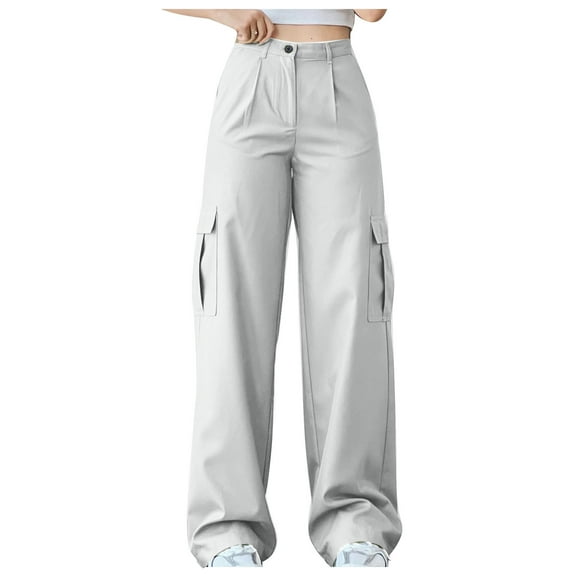 IROINNID Women's Cargo Pants Color Mid Waist Trousers with Pocket Waist Cargo Pants,White