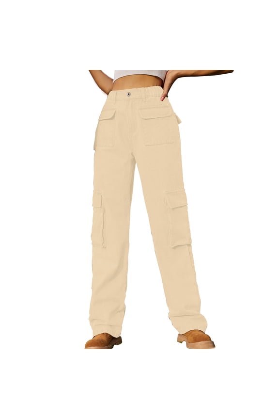 Women's Cargo Pants High Elastic Waist Flat Front Classic Trendy Casual Denim Cargo Pants,Khaki