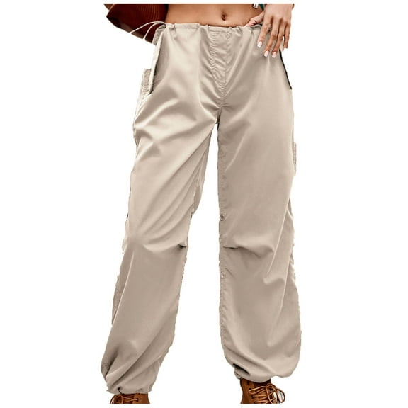 IROINNID Women's Cargo Pants Plus Size Drawstring Solid Elastic Waist Pocket Loose Pants,Khaki