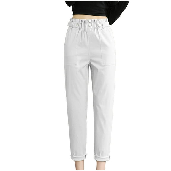 IROINNID Women's Cargo Pants Solid Pockets High Waist Pants Ladies Button Slim Pants,White