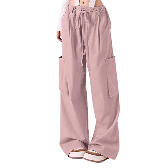 IROINNID Women's Cargo Pants Solid Wide Leg Loose Fit Drawstring Long Casual Pants with Multi Pockets,Pink