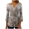 thumbnail image 1 of IROINNID Women's Casual 3/4 Sleeve Tops Round Neck Printed Buttoned Basic Pleated Loose Blouse Breathable Summer T-shirts, Gray, 1 of 5