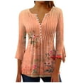 thumbnail image 1 of IROINNID Women's Casual 3/4 Sleeve Tops Round Neck Printed Buttoned Basic Pleated Loose Blouse Breathable Summer T-shirts, Orange, 1 of 5