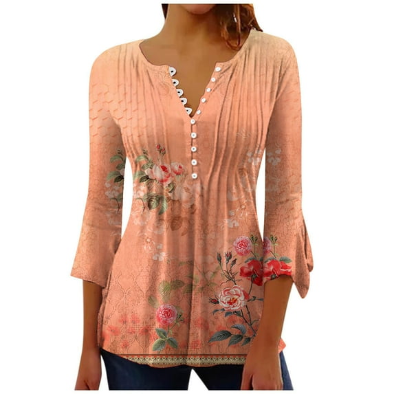IROINNID Women's Casual 3/4 Sleeve Tops Round Neck Printed Buttoned Basic Pleated Loose Blouse Breathable Summer T-shirts, Orange