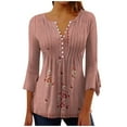 thumbnail image 1 of IROINNID Women's Casual 3/4 Sleeve Tops Round Neck Printed Buttoned Basic Pleated Loose Blouse Breathable Summer T-shirts, Pink, 1 of 5