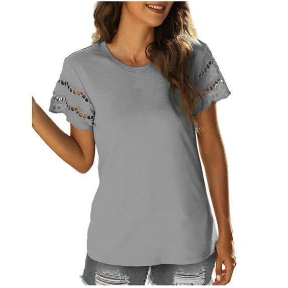 IROINNID Women's Casual Basic Solid Color T-Shirt Hollow Short Sleeve Round Neck Blouse