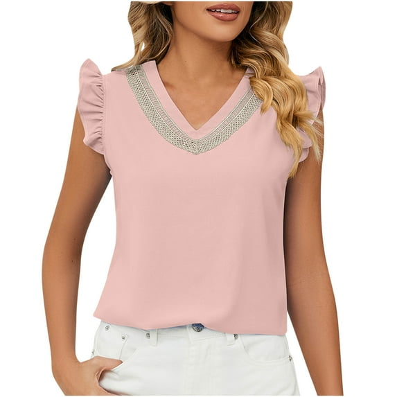 IROINNID Women's Casual Comfy Tops V-Neck Solid Color Ruffle Sleeveless Loose Blouse Spring Saving Sale