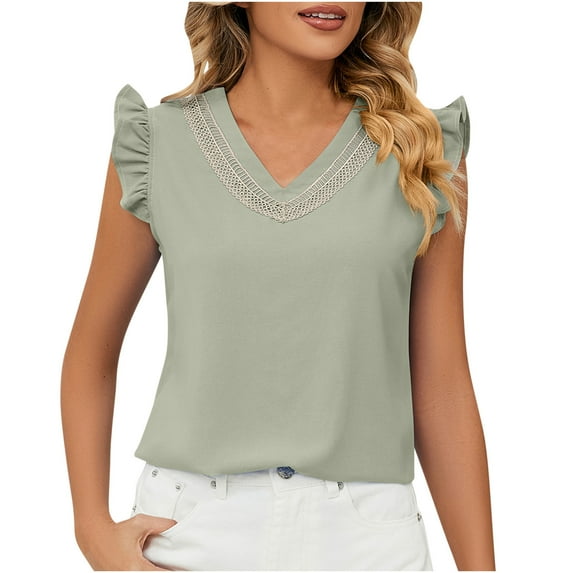 IROINNID Women's Casual Comfy Tops V-Neck Solid Color Ruffle Sleeveless Loose Blouse Spring Saving