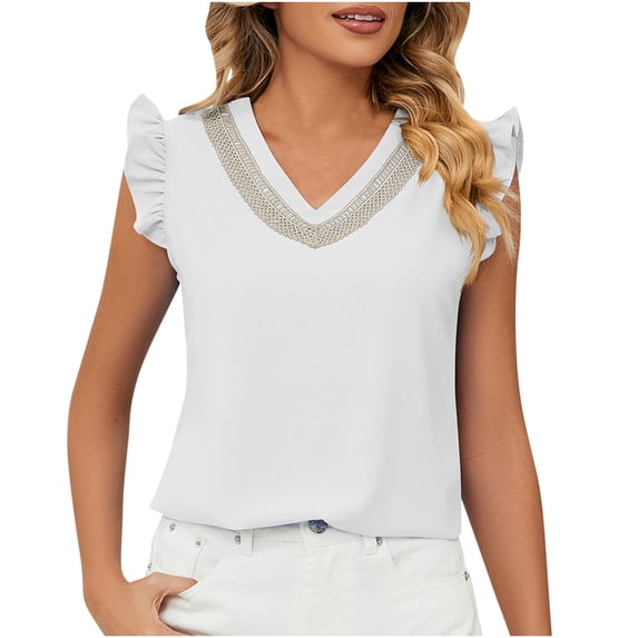 IROINNID Women's Casual Comfy Tops V-Neck Solid Color Ruffle Sleeveless Loose Blouse