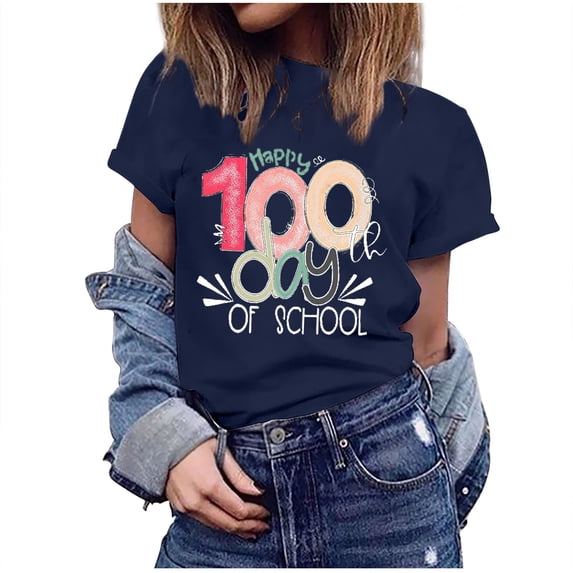 IROINNID Women's Casual Fashion T-shirt Short Sleeve Happy 100th Day Of School Printed Round Neck Tops