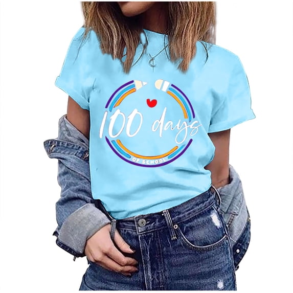 IROINNID Women's Casual Fashion T-shirt Short Sleeve Round Neck Happy 100th Day Of School Printed Tops
