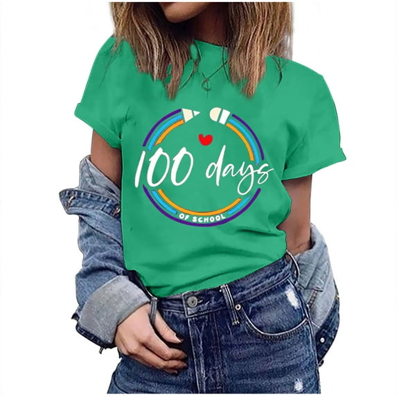 IROINNID Women's Casual Fashion T-shirt Short Sleeve Round Neck Happy 100th Day Of School Printed Tops