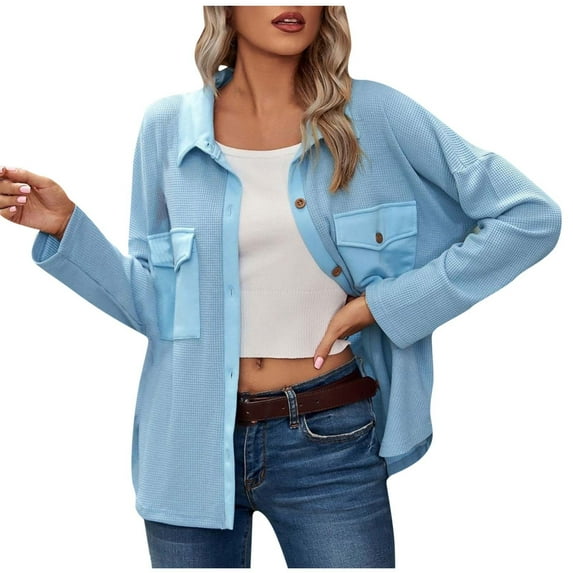 IROINNID Women's Casual Jacket Coat Turndown Lapel Solid Color Long Sleeve Leisure Pocket Button Coat Recreational Cardigan Tops, Blue