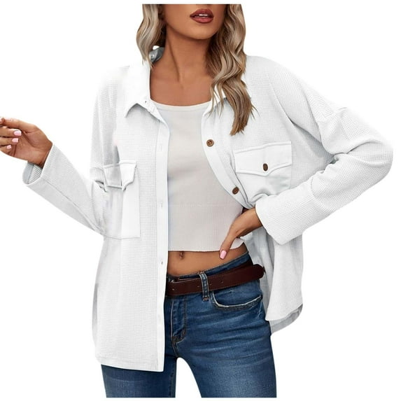 IROINNID Women's Casual Jacket Coat Turndown Lapel Solid Color Long Sleeve Leisure Pocket Button Coat Recreational Cardigan Tops, White