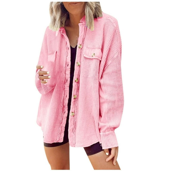 IROINNID Women's Casual Jacket Solid Color Long Sleeve Leisure Button Coat Recreational Cardigan Tops, Pink