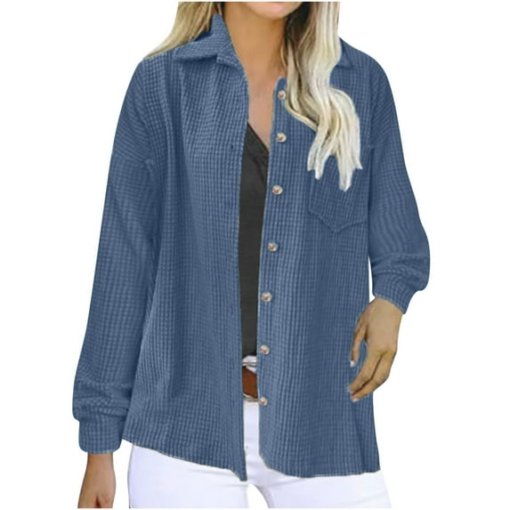 IROINNID Women's Casual Jacket Turndown Lapel Solid Color Long Sleeve Loose Autumn Loose Button Cardigan Casual Top Shirt, Blue