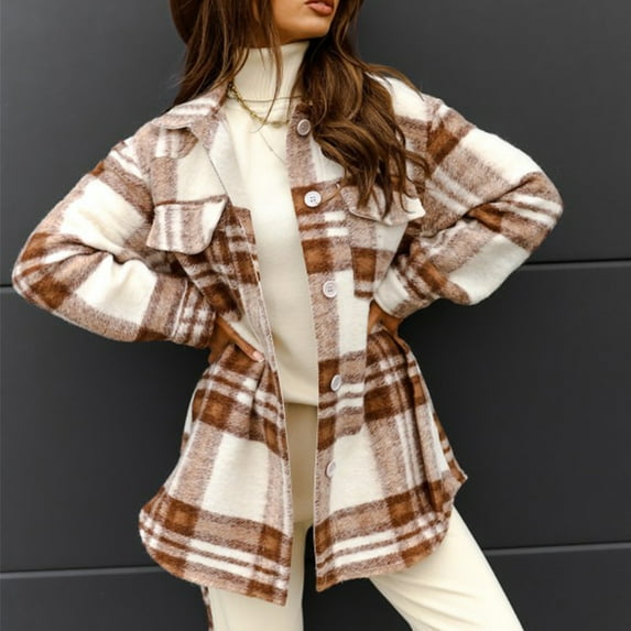 IROINNID Women's Casual Mid-Length Coat Peak Lapel Plaid Shacket Long Sleeve Outwear, Khaki