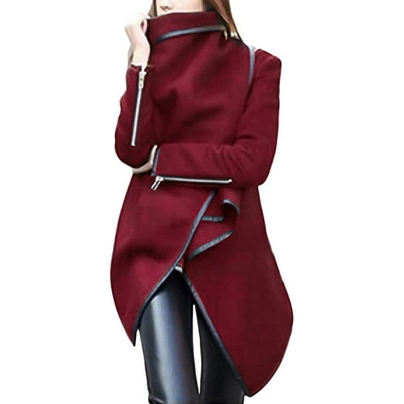 IROINNID Women's Casual Mid-Long Coat Solid Color Trench coat Long Sleeve Outwear, Red