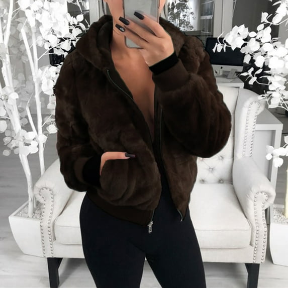 IROINNID Women's Casual Short Hoodie Jacket Solid Color Zip Up Long Sleeve Outwear , Brown