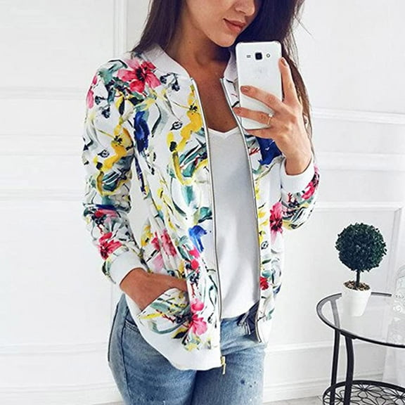 IROINNID Women's Casual Short Jacket Graphic Prints Jacket Long Sleeve Outwear, White